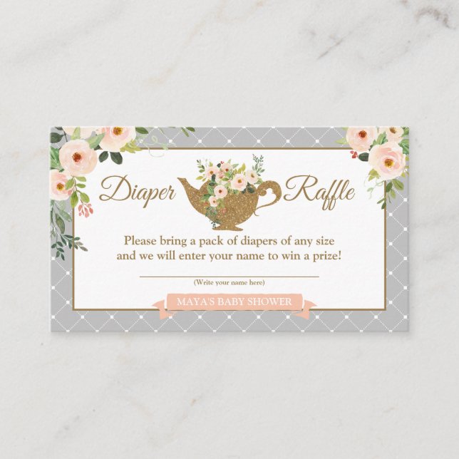 Tea Party Grey Pink Floral Diaper Raffle Ticket Enclosure Card (Front)
