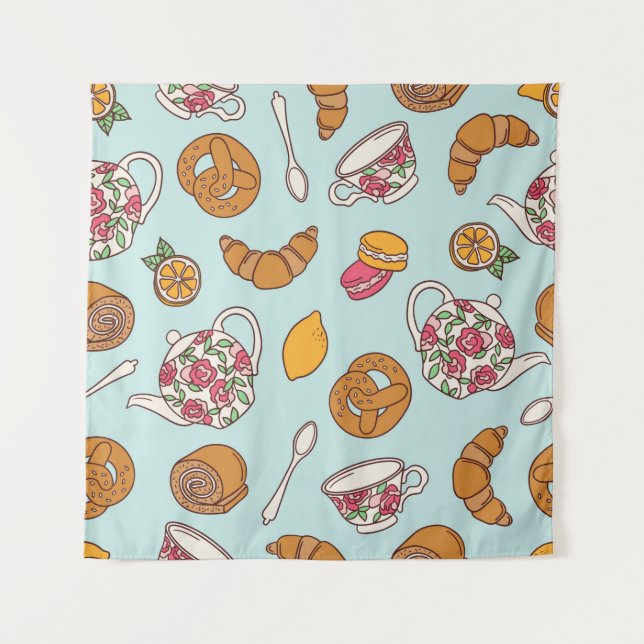 Tea party hand drawn seamless pattern. Colourful b Tapestry (Front)