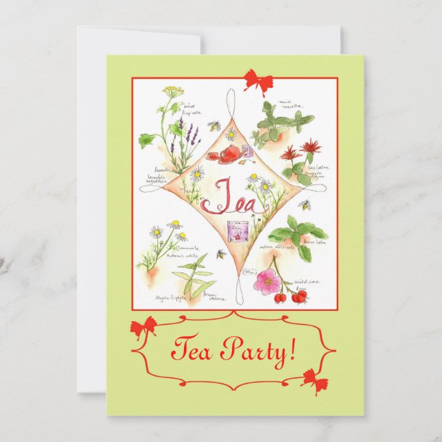 Tea Party Herbal Tea Watercolor Illustration Art Invitation (Front)