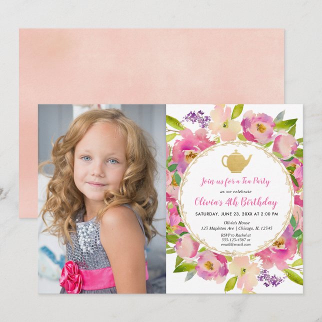 Tea Party invitation anniversaire, photo d'anniver (Devant / Derrière)