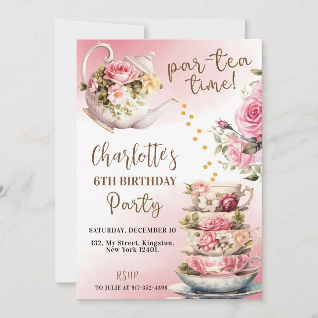Tea Party Invitation Anniversaire - Pink And Gold  (Devant)