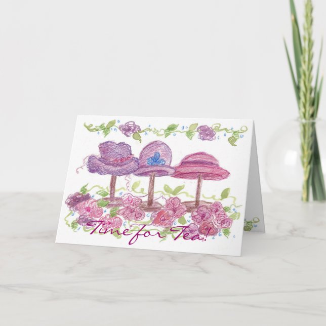 Tea Party Invitation Victorian Fancy Hats Flowers (Front)