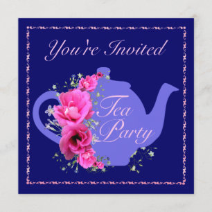 Tea Party Invitations Teapot and Pink Flowers