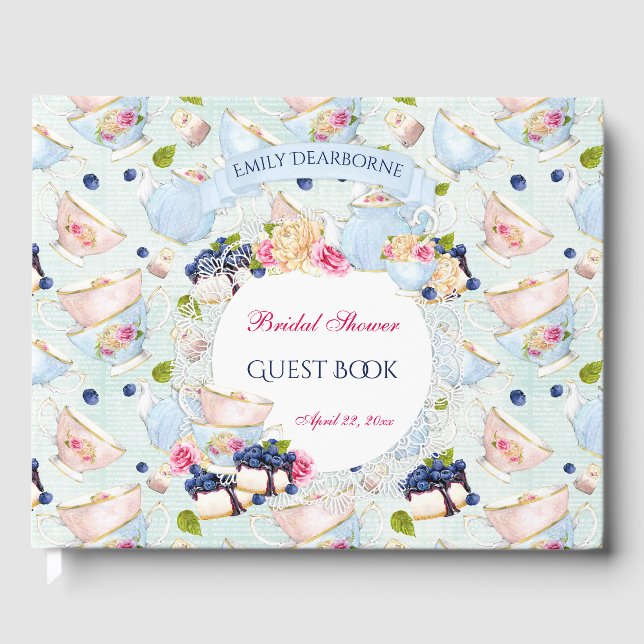 Tea Party Lace Doily Roses Tea Cups Guest Book (Front)