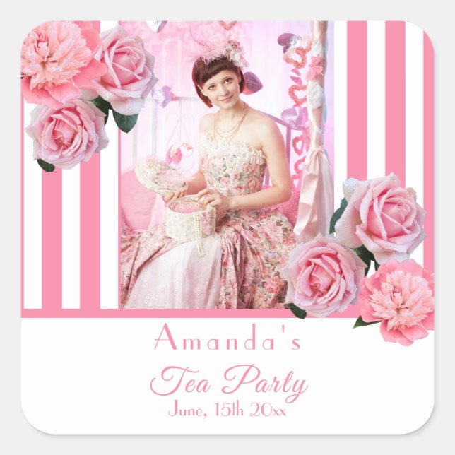 Tea Party photo pink white stripes florals Square Sticker (Front)