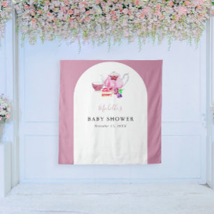 Tea Party Pink Background Baby Shower Photo Booth Tapestry