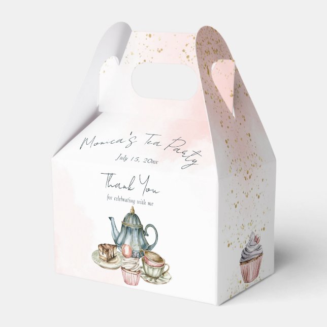 Tea party pink blue birthday thank you favor box (Front Side)