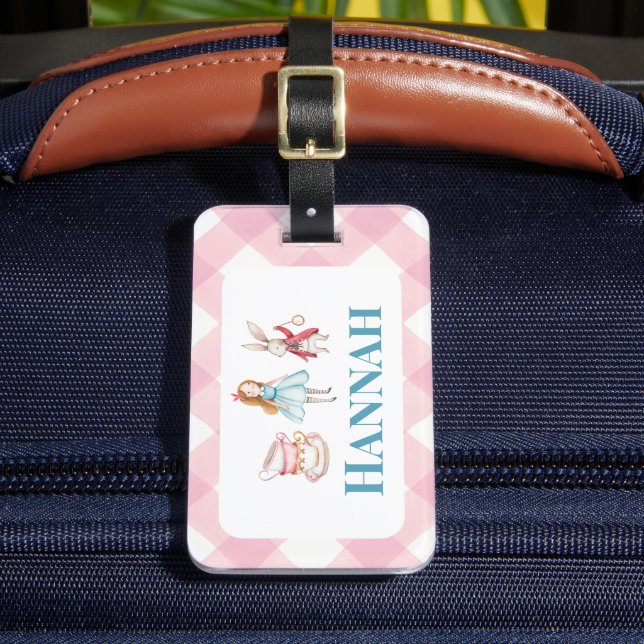 Tea Party Pink Gingham Girls School Bag Tag  (Front Insitu 2)