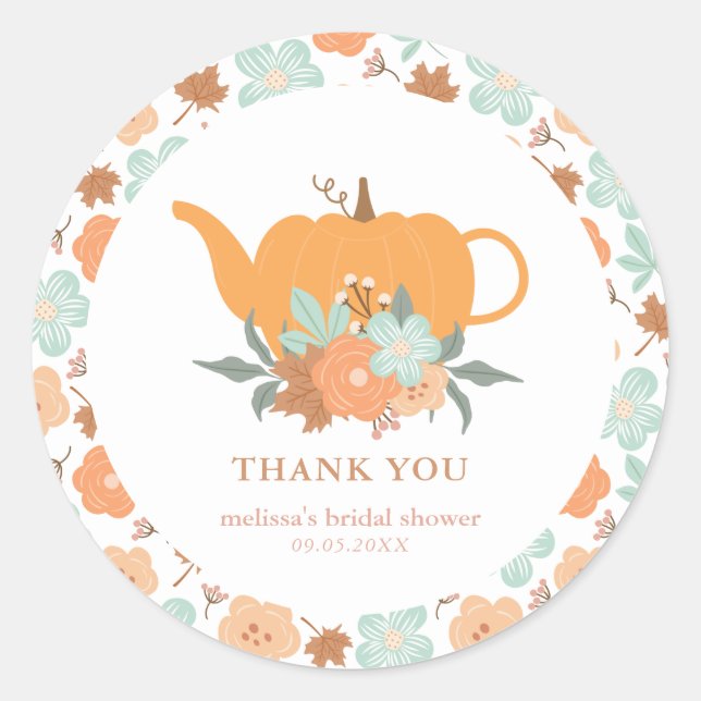 Tea Party Pumpkin Bridal Shower Thank You  Classic Round Sticker (Front)