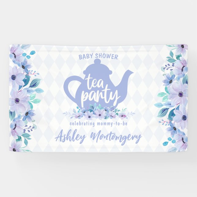 Tea Party Purple Watercolor Baby Shower Banner (Horizontal)
