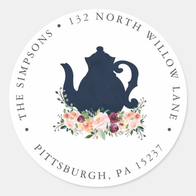 Tea Party Return Address Classic Round Sticker (Front)