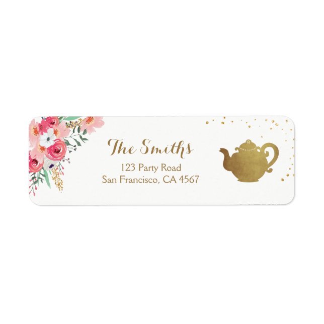 Tea party Return Address Label Teapot gold Floral (Front)