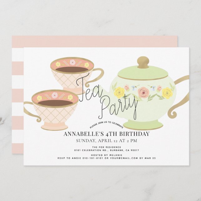 Tea Party Tea Pot & Cups Girl Birthday Invitation (Front/Back)