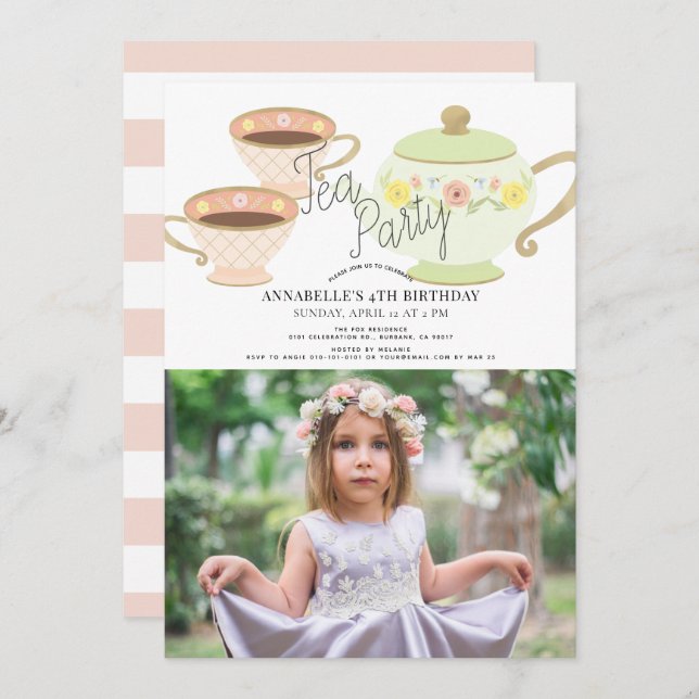 Tea Party Tea Pot & Cups Girl Birthday Photo Invitation (Front/Back)