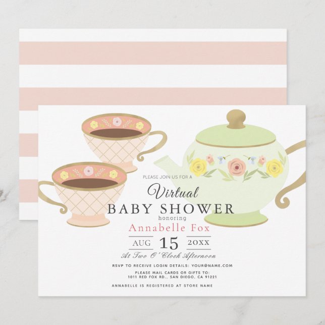Tea Party Tea Pot & Cups Virtual Baby Shower Invitation (Front/Back)