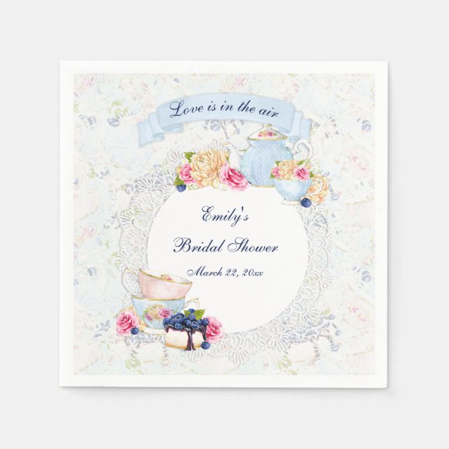 Tea Party Teacups Teapot Blue White Pink Lace Napkin (Front)