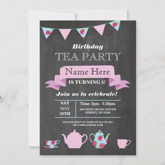 Tea Party Teapot Alice In Wonderland Chalk Invite (Front)
