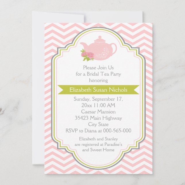 Tea party teapot, chevron pink green bridal shower invitation (Front)