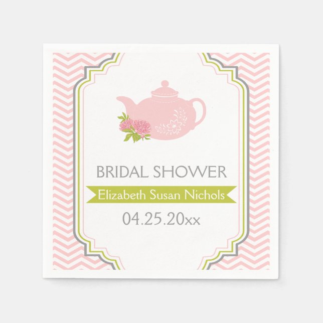 Tea party teapot, chevron pink, green wedding napkin (Front)