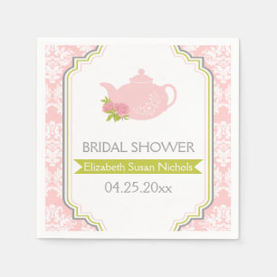 Tea party teapot, damask pink, green wedding napkin