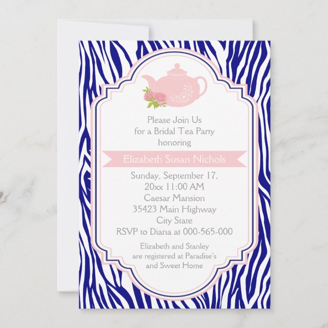 Tea party teapot, navy zebra print bridal shower invitation (Front)