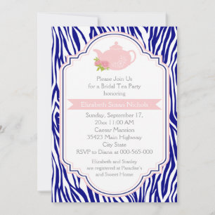 Tea party teapot, navy zebra print bridal shower invitation