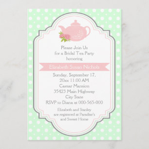 Tea party teapot polka dot pink bridal shower invitation