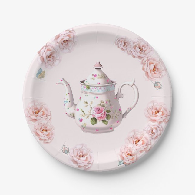 Tea Party Teapot Teacups Pink Rose Flower Paper Plate (Front)