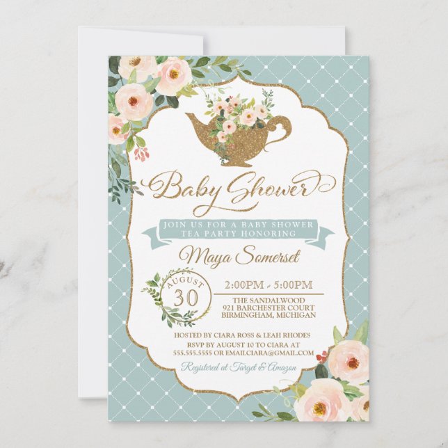 Tea Party Turquoise Blue Blush Floral Baby Shower Invitation (Front)