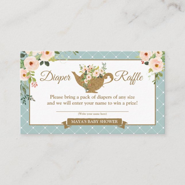Tea Party Turquoise Floral Diaper Raffle Ticket Enclosure Card (Front)