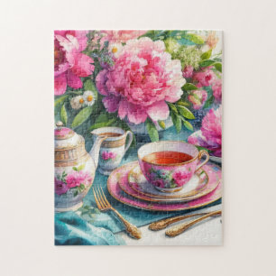 Tea Party vintage Pink Peonies Jigsaw Puzzle