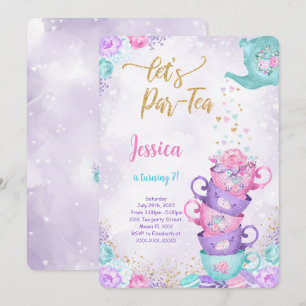 Tea Party violet et rose Invitation Anniversaire