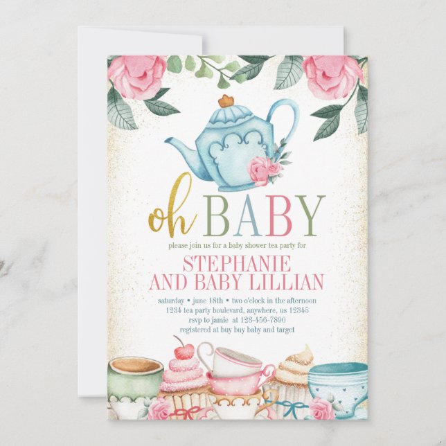 Tea Party Watercolor Floral Baby Shower Invitation (Front)