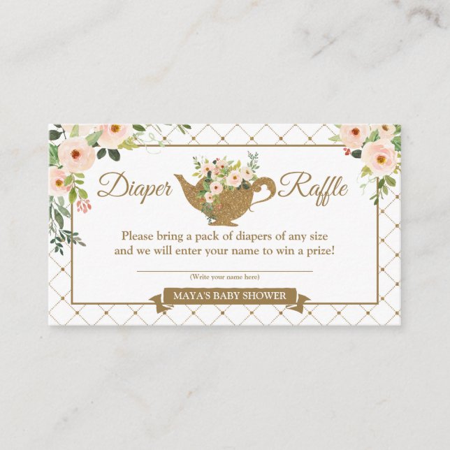 Tea Party White Blush Floral Diaper Raffle Ticket Enclosure Card (Front)