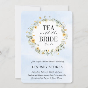 Tea Party Yellow Wildflowers Blue Bridal Shower Invitation