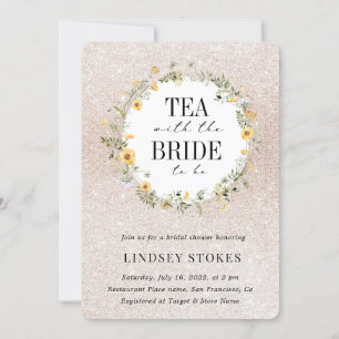 Tea Party Yellow Wildflowers Glitter Bridal Shower Invitation