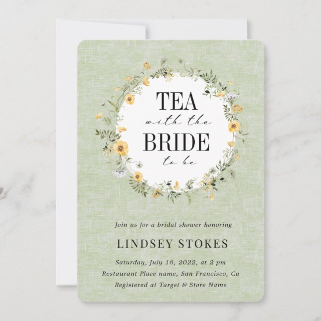Tea Party Yellow Wildflowers Sage Bridal Shower Invitation (Front)