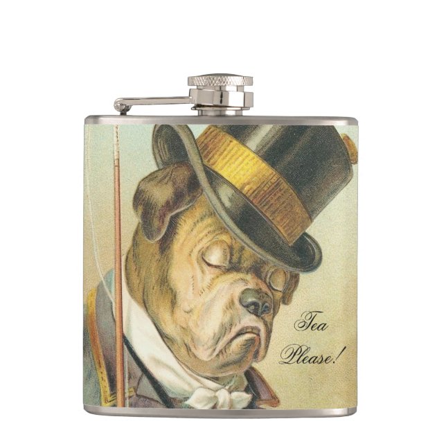 "Tea Please!" Elegant Vintage Dog Bulldog Hip Flask (Front)