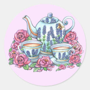 Tea Pot and Roses Classic Round Sticker