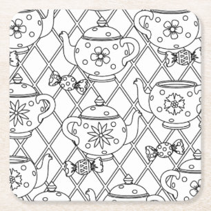 Tea Pot Doodle Square Paper Coaster