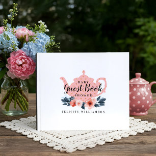 Tea Pot & Floral Tea Party Pink Baby Shower Guest Book