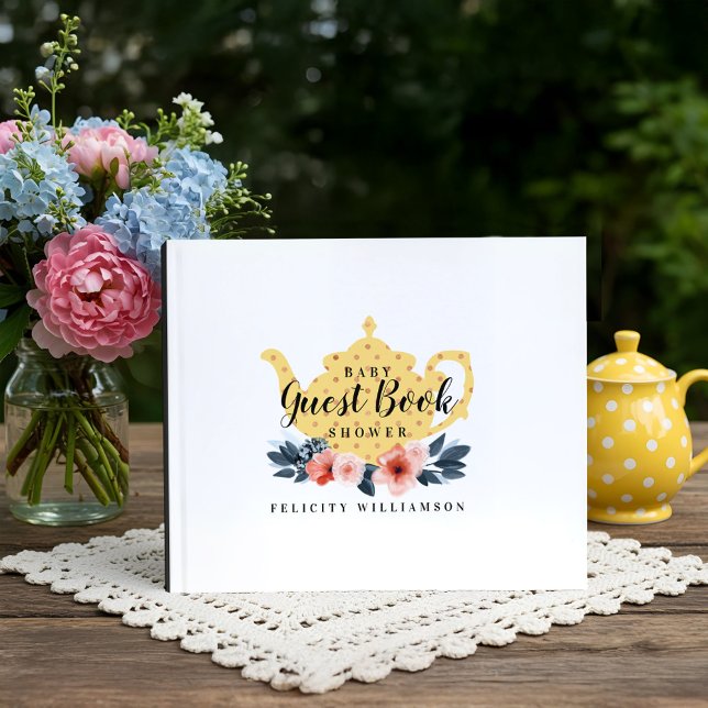 Tea Pot & Floral Tea Party Yellow Baby Shower Guest Book (Tea Pot & Floral Tea Party Yellow Baby Shower Guest Book)