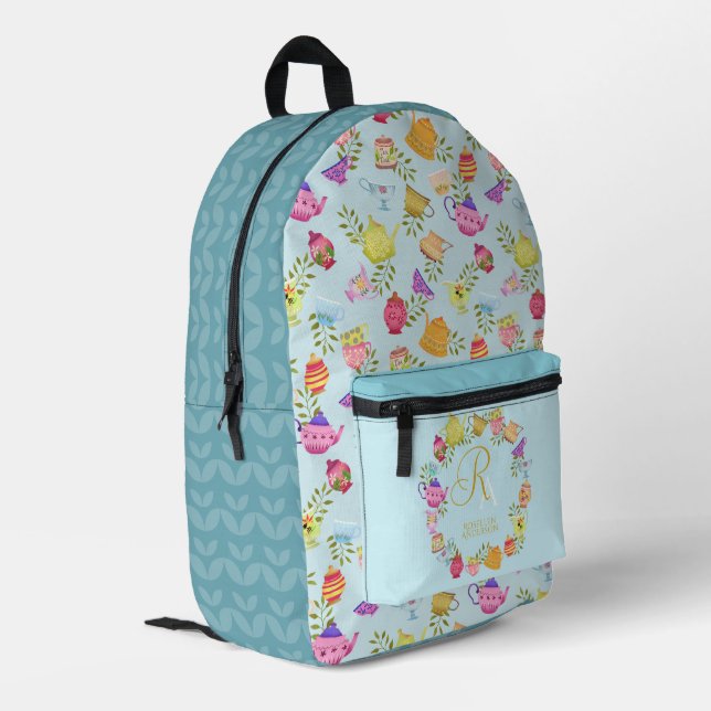 Tea Pots and Cups Monogram Blue Printed Backpack (Back Corner Left)