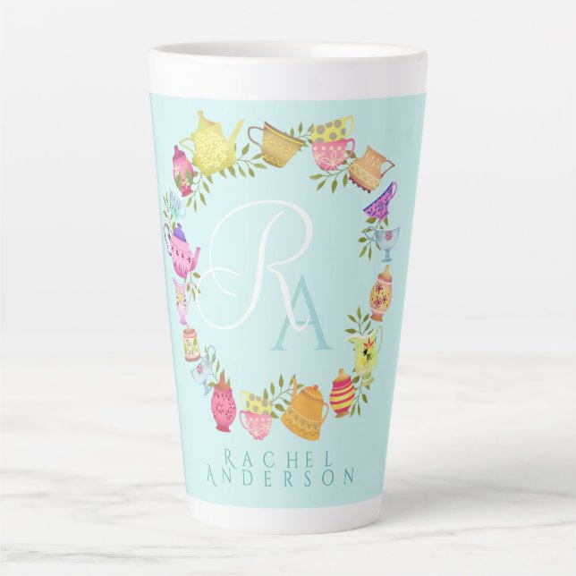  Tea Pots and Cups Monogram Pastel Blue  Mug (Front)