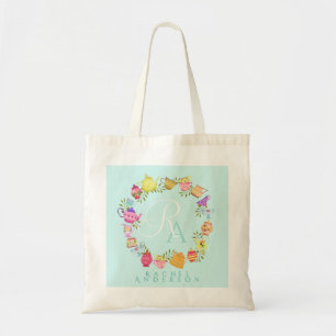 Tea Pots and Cups Monogram Pastel Blue Tote Bag