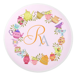 Tea Pots and Cups Monogram Pastel Pink Ceramic Knob