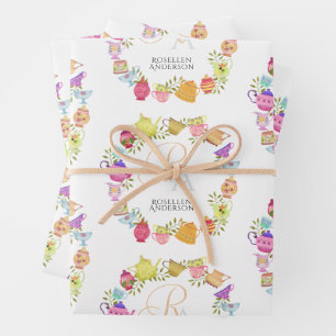  Tea Pots and Cups Monogram Wrapping Paper Sheet