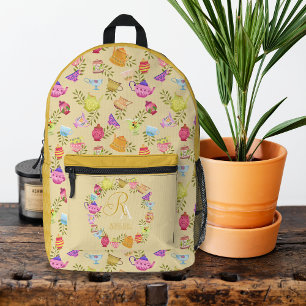 Tea Pots and Cups Monogram Yellow Printed Backpack