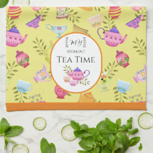 Tea Pots and Cups Yellow Kitchen Towel
