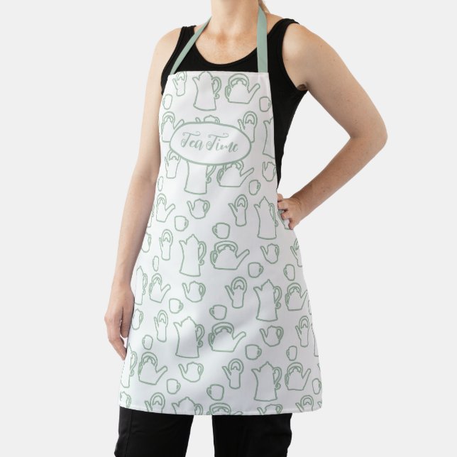 Tea Pots Pattern Pale Green Long Bib Apron (Insitu)